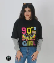 90s Girl-Front Print Double Sleeve Drop Shoulder T-Shirt - Image 5