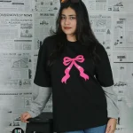 Pink Ribbon-Front Print Double Sleeve Drop Shoulder T-Shirt