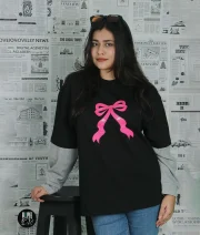 Pink Ribbon-Front Print Double Sleeve Drop Shoulder T-Shirt