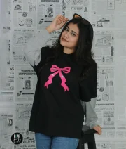 Pink Ribbon-Front Print Double Sleeve Drop Shoulder T-Shirt - Image 4