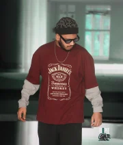 Jack Deniels-Front Print Maroon Drop Shoulder T-Shirt