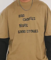 BAD CHOICE-Front Print Full Sleeve Drop Shoulder T-Shirt