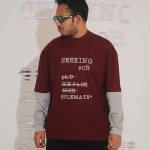 Seeking For -Front Print Maroon Drop Shoulder T-Shirt