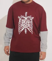 Dead Inside-Front Print Maroon Drop Shoulder T-Shirt
