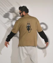 Black Cat-Back Print Full Sleeve Drop Shoulder T-Shirt - Image 2