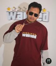 Wanted-Front Print Maroon Drop Shoulder T-Shirt